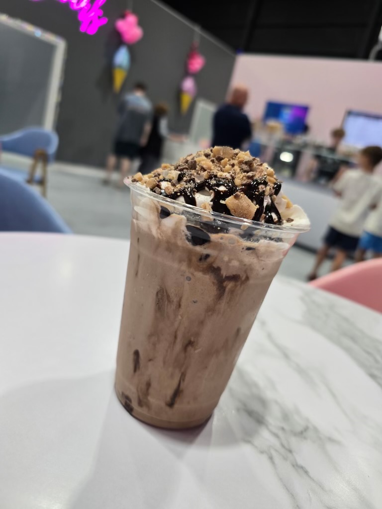 Chocolate ice cream shake with toppings at Sweet Swirls